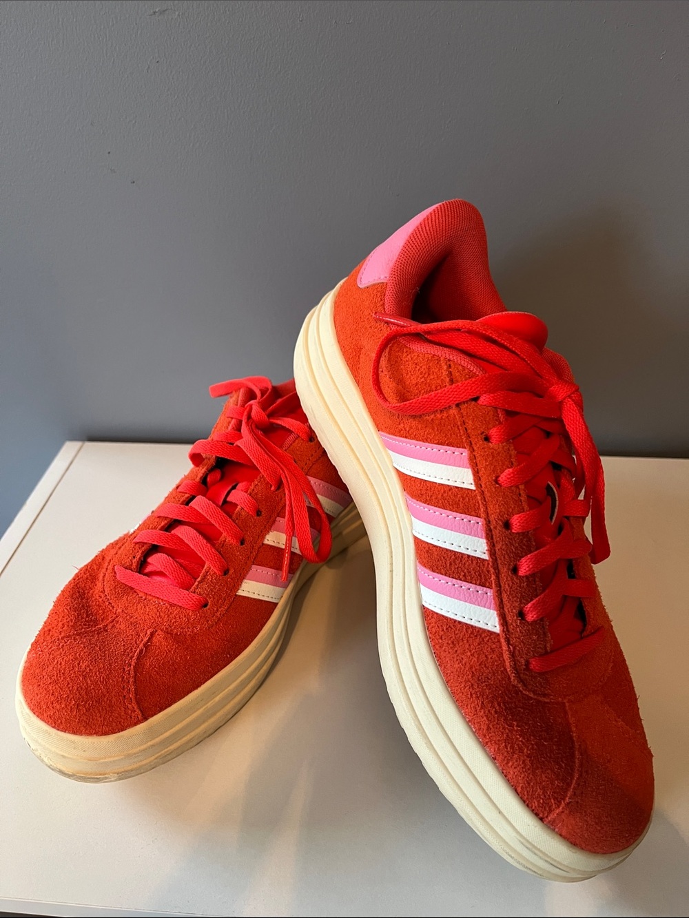 Adidas Red Suede Platform Sneakers with Pink and White Stripes